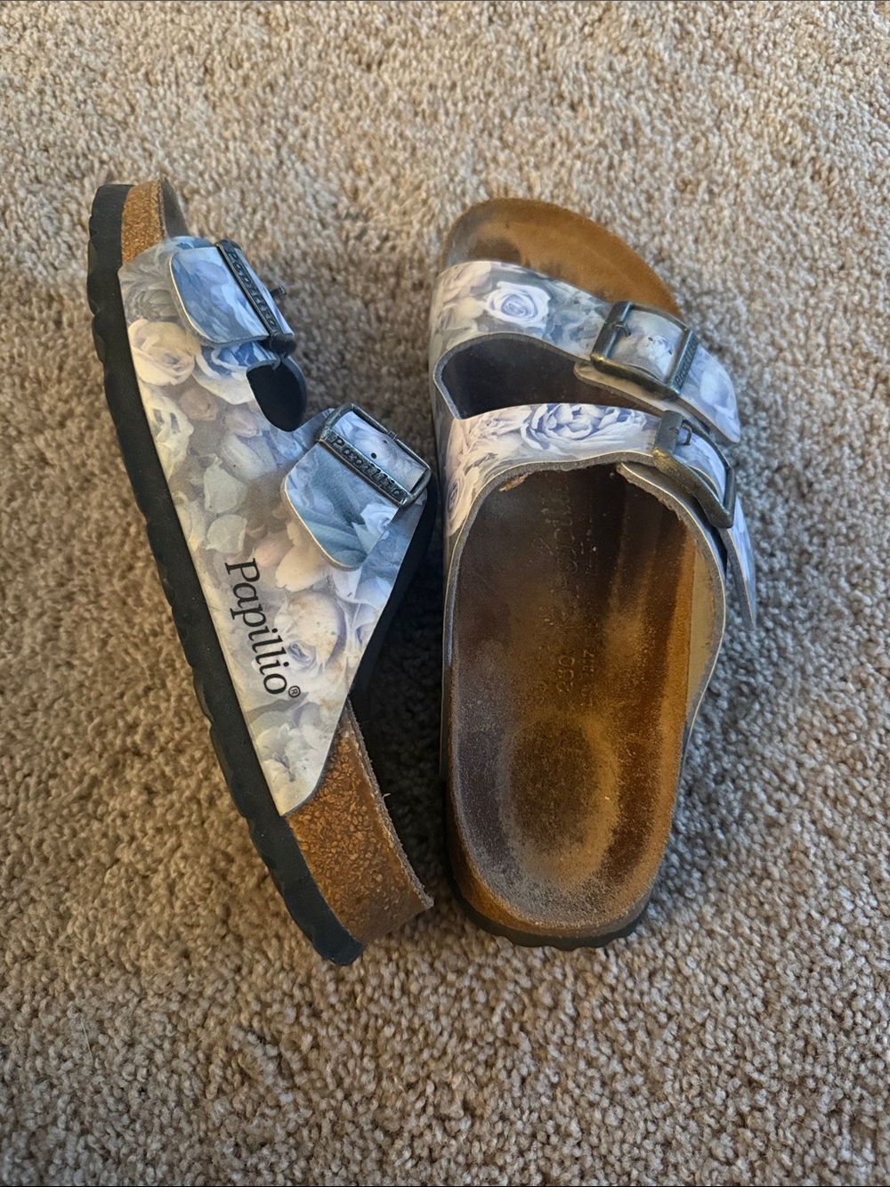 Papillio/birkenstock Women’s Floral Blue Double Buckle Cork Sandal